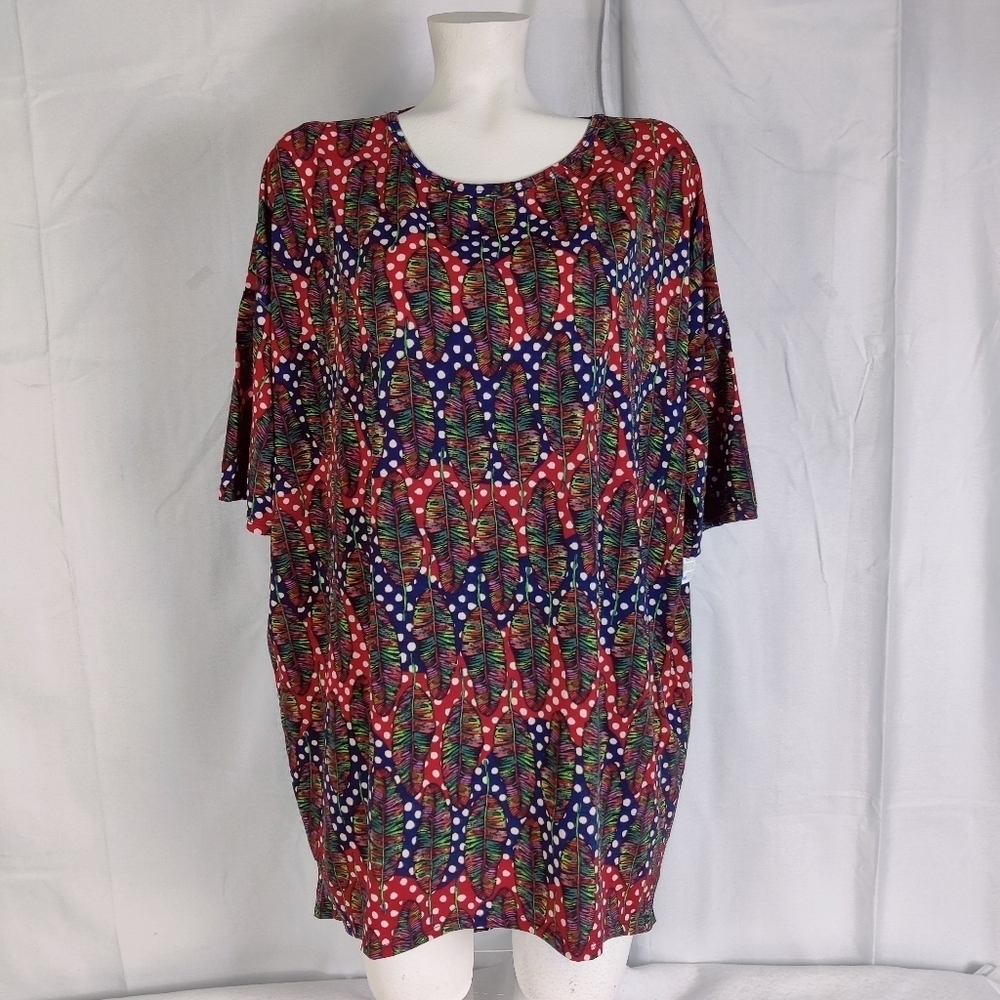NEW LuLaRoe "Irma" Tunic Top T Tee Shirt Dress Womens Sz XL Feathers Red Blue - Picture 2 of 16